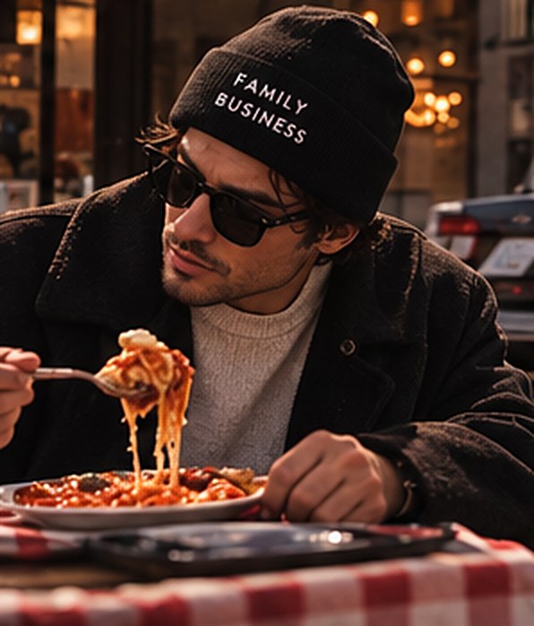 Family Business beanie over a plate of pasta