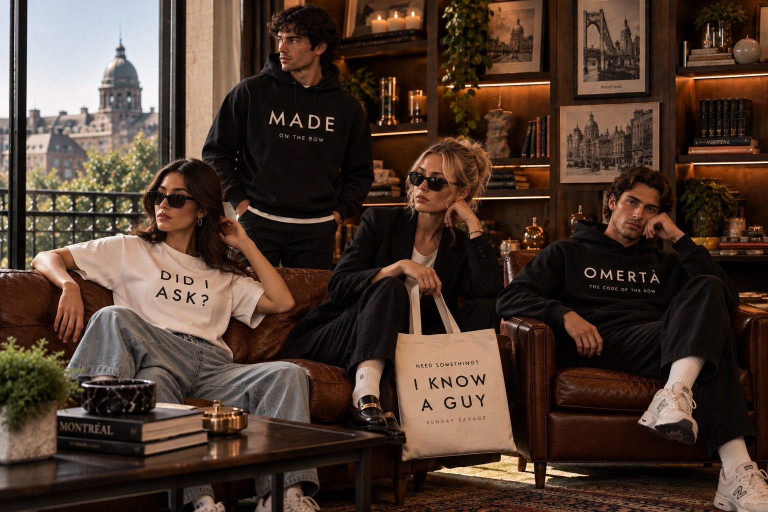 Four friends in a Montreal lounge wearing the Did I Ask? tee, Made hoodie, I Know A Guy tote and Omertà hoodie