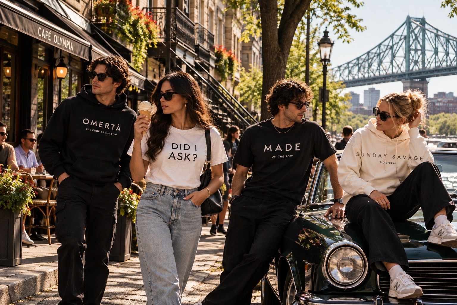 Friends on a Montreal street by the Jacques Cartier Bridge wearing the Omertà hoodie, Did I Ask? tee, Made tee and Sunday Savage hoodie